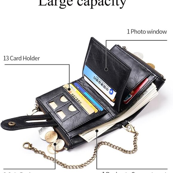 Men Chain Wallet PU Faux Leather Bifold Wallet for Men Double Zipper Coin Pocket - Picture 2 of 4